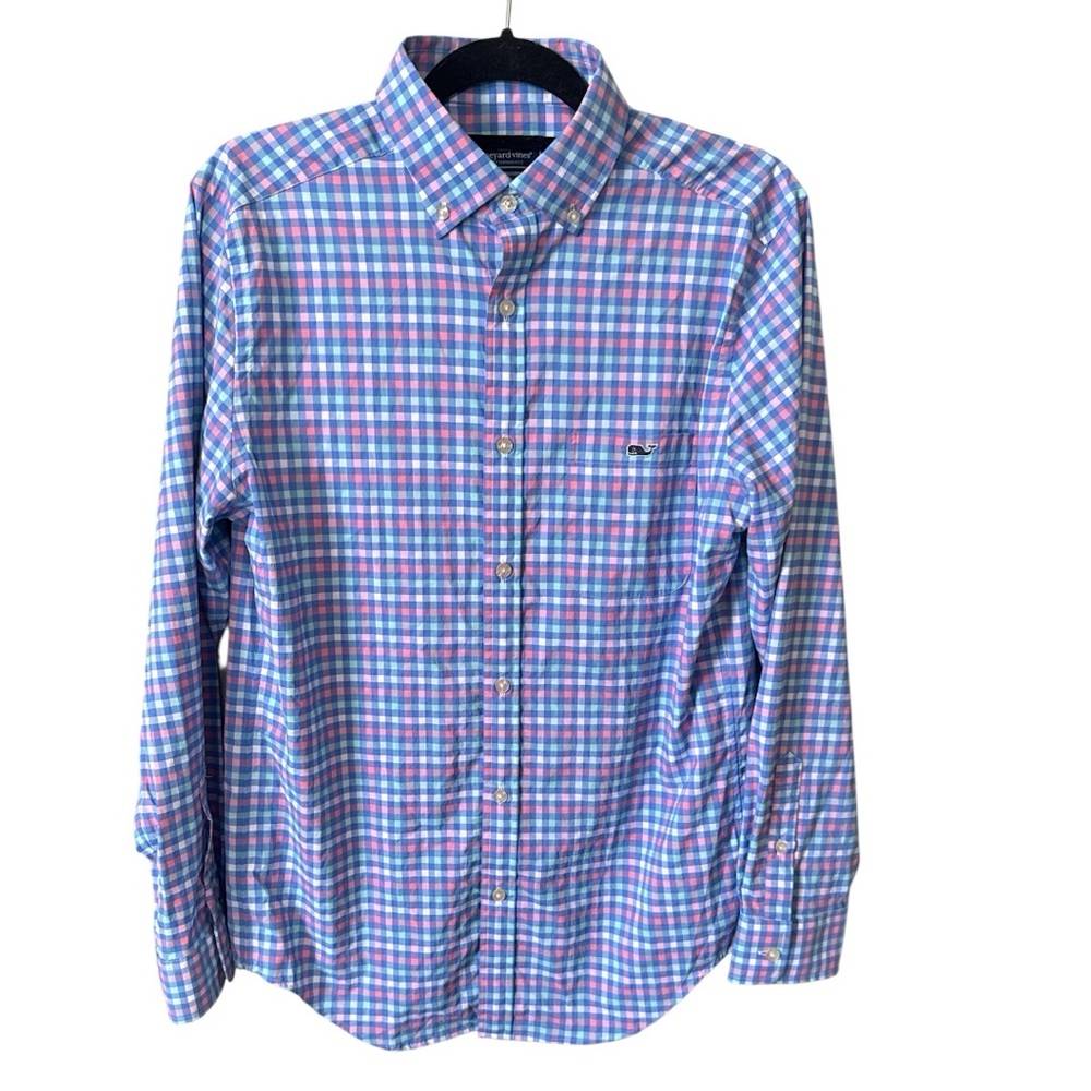 Vineyard Vines Men's Classic Fit Trucker Blue & Pink Checkered Buttondown Shirt